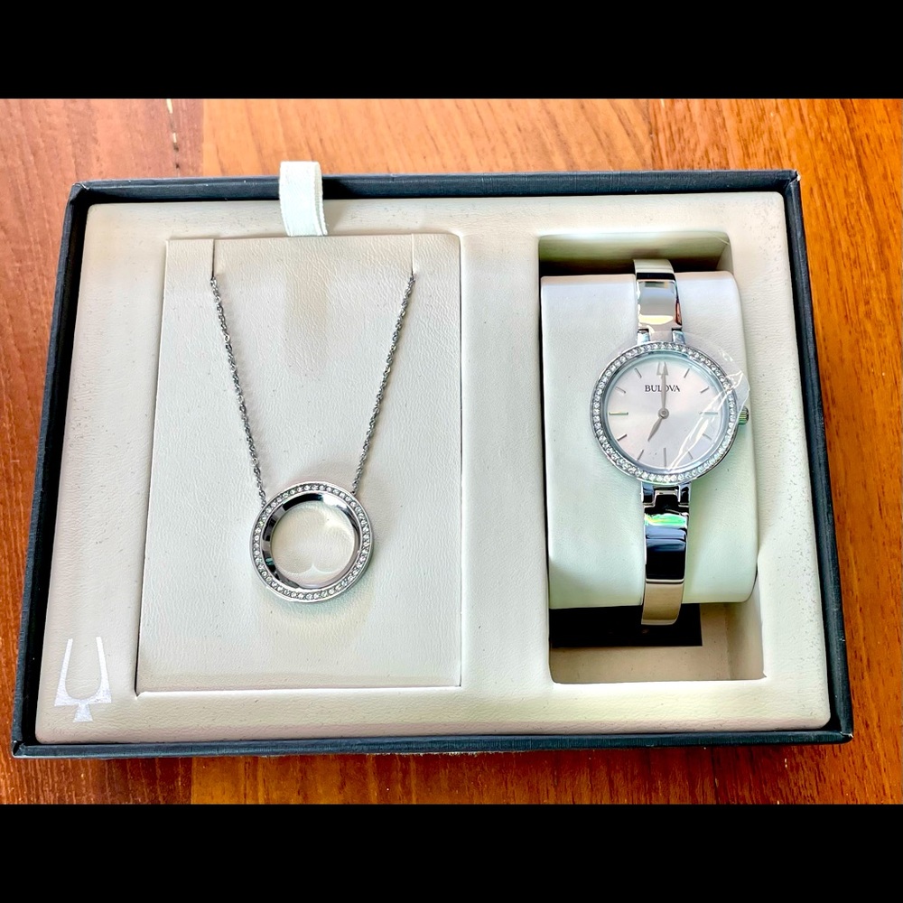 Bulova Swarovski Crystal Stainless Steel Ladies Watch and Halo Necklace Set